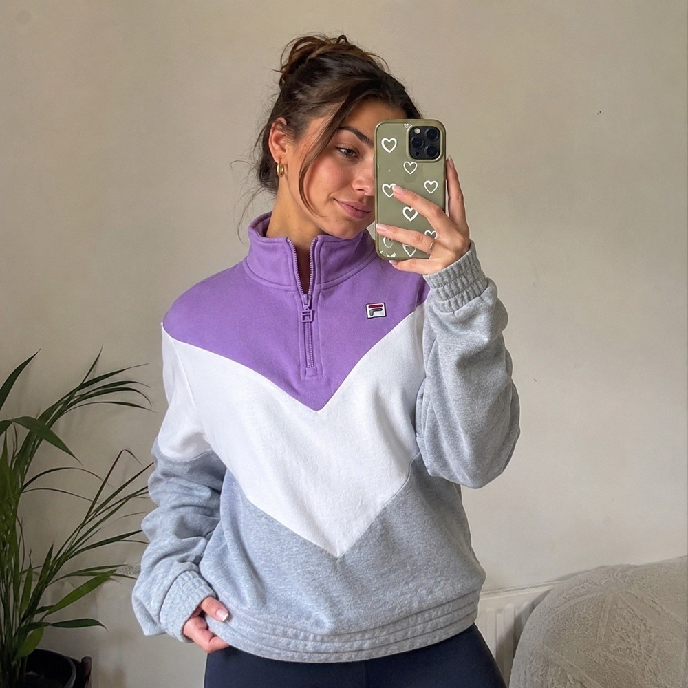 FILA Quarter Zip Colorblock Chevron Sweatshirt Womens M Purple Grey Athleisure